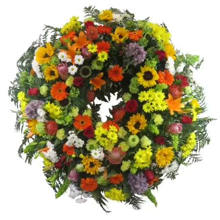 Corona de Girasoles, Margaritas, Gerberas, Liliums y Rosas