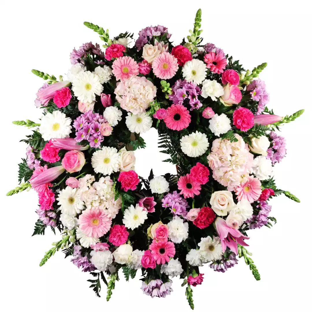 Corona de Gerberas, Margaritas, Antirrhinum y Hortensias