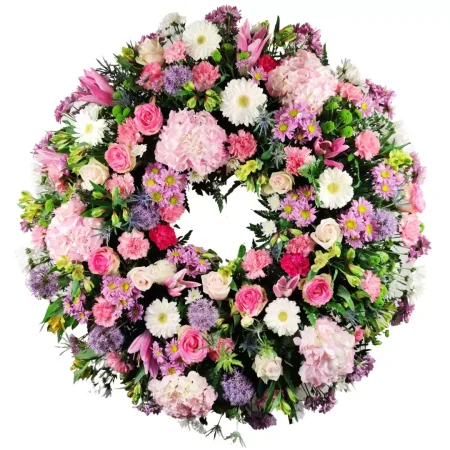 Corona de Hortensias, Rosas, Liliums y Margaritas