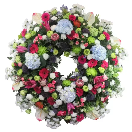 Corona de Hortensias, Gerberas, Liliums y Anthuriums
