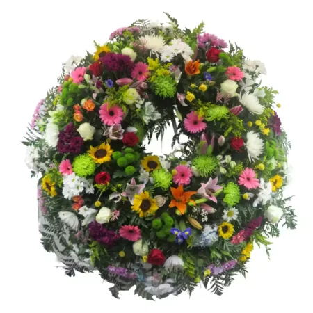 Corona de Gerberas, margaritas, Rosas, Anastasias y Girasoles