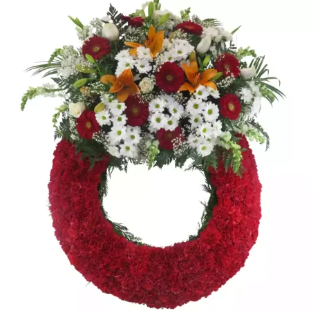 Corona de Claveles, Gerberas, Liliums, Margaritas y Rosas