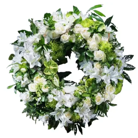 Corona de Rosas, Liliums y Verdes Exóticos