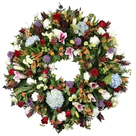 Corona de Rosas, Hortensias, Liliums y Verdes Exóticos